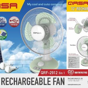 QASA 12 INCHES RECHARGEABLE TABLE FAN WITH BULBS AND SOLAR PANEL